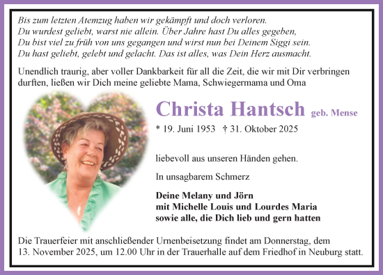 Traueranzeige von Christa Hantsch von Ostsee-Zeitung GmbH