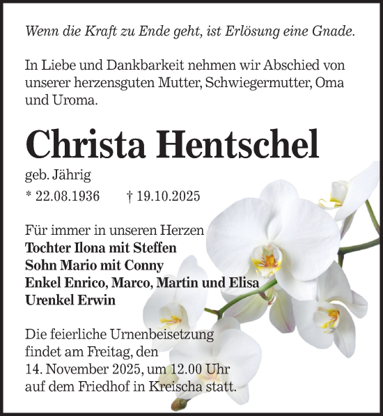 Traueranzeige von Christa Hentschel von Sächsische Zeitung
