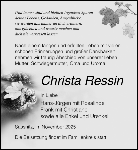 Traueranzeige von Christa Ressin von Ostsee-Zeitung GmbH
