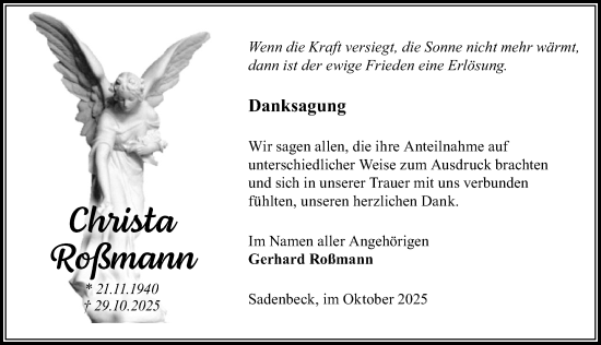 Traueranzeige von Christa Roßmann von Wochenspiegel