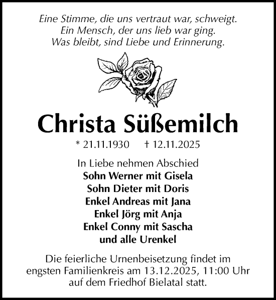 Traueranzeige von Christa Süßemilch von Sächsische Zeitung