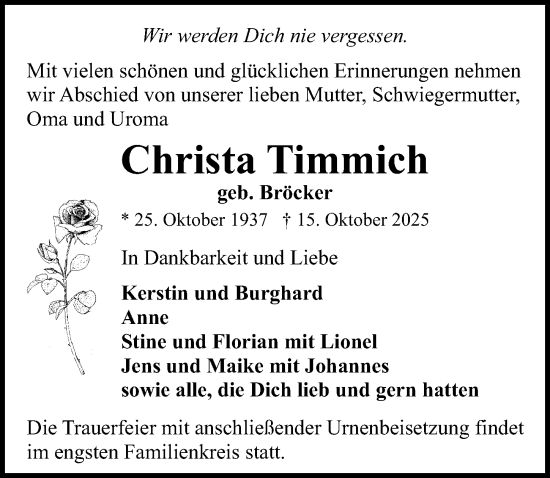 Traueranzeige von Christa Timmich von Ostsee-Zeitung GmbH