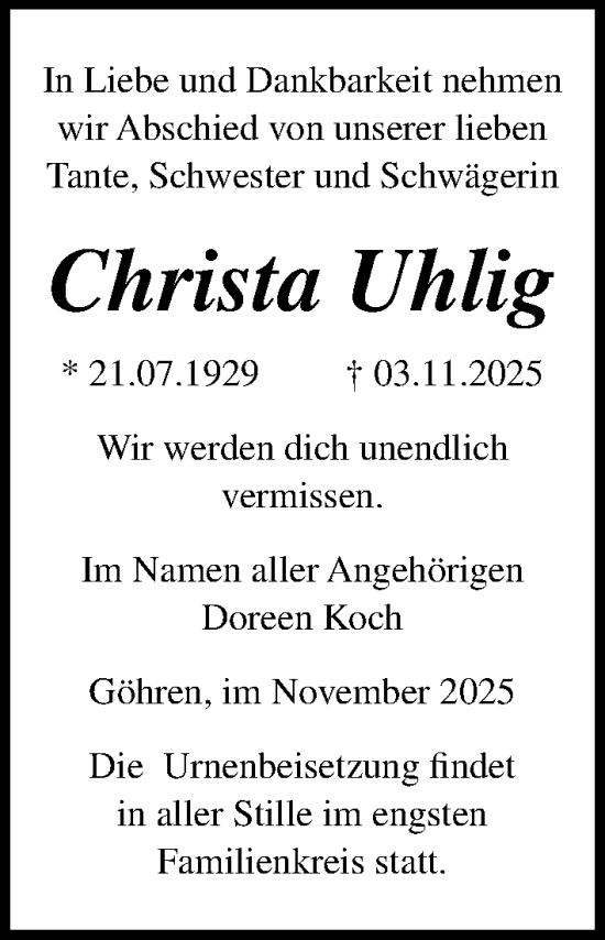Traueranzeige von Christa Uhlig von Ostsee-Zeitung GmbH
