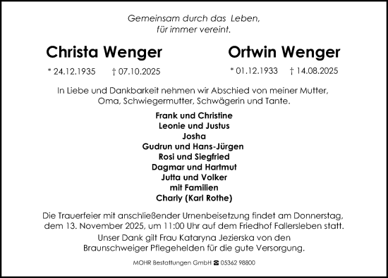 Traueranzeige von Christa Wenger von Aller Zeitung