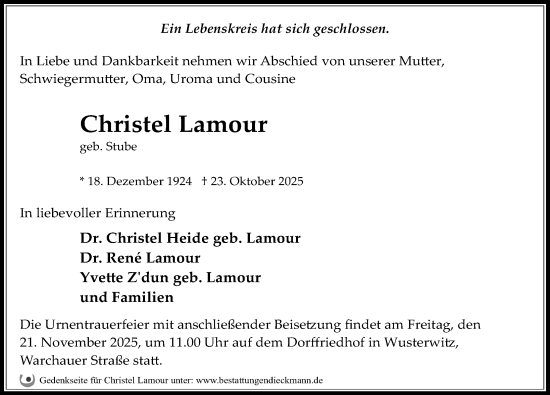 Traueranzeige von Christel Lamour von Märkischen Allgemeine Zeitung