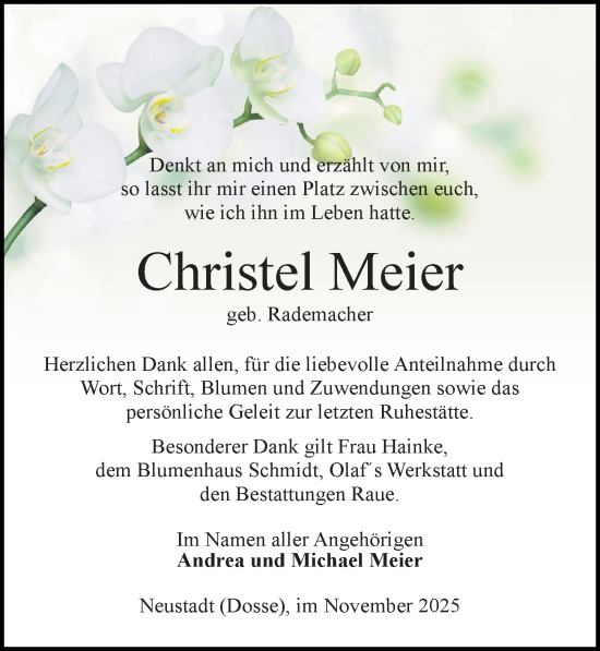 Traueranzeige von Christel Meier von Wochenspiegel