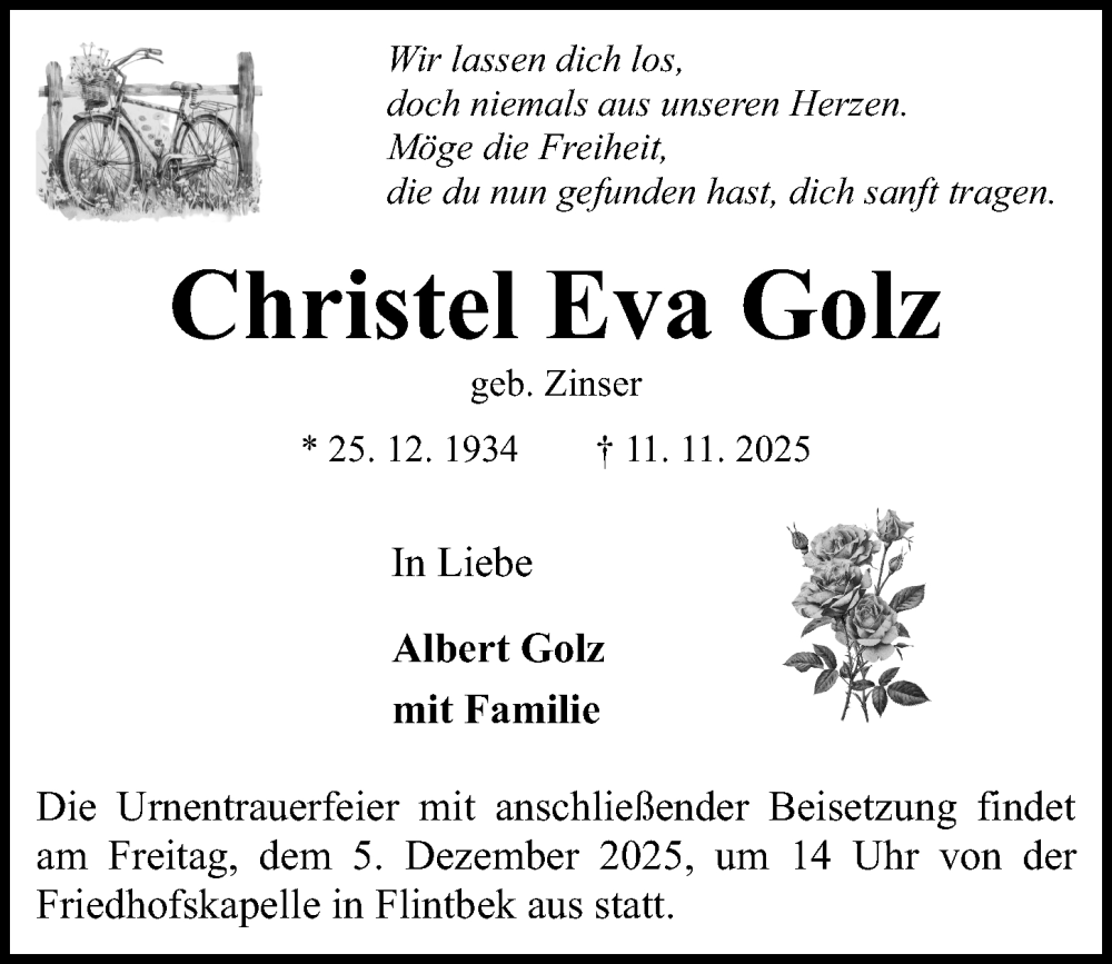  Traueranzeige für Christel Eva Golz vom 29.11.2025 aus Kieler Nachrichten