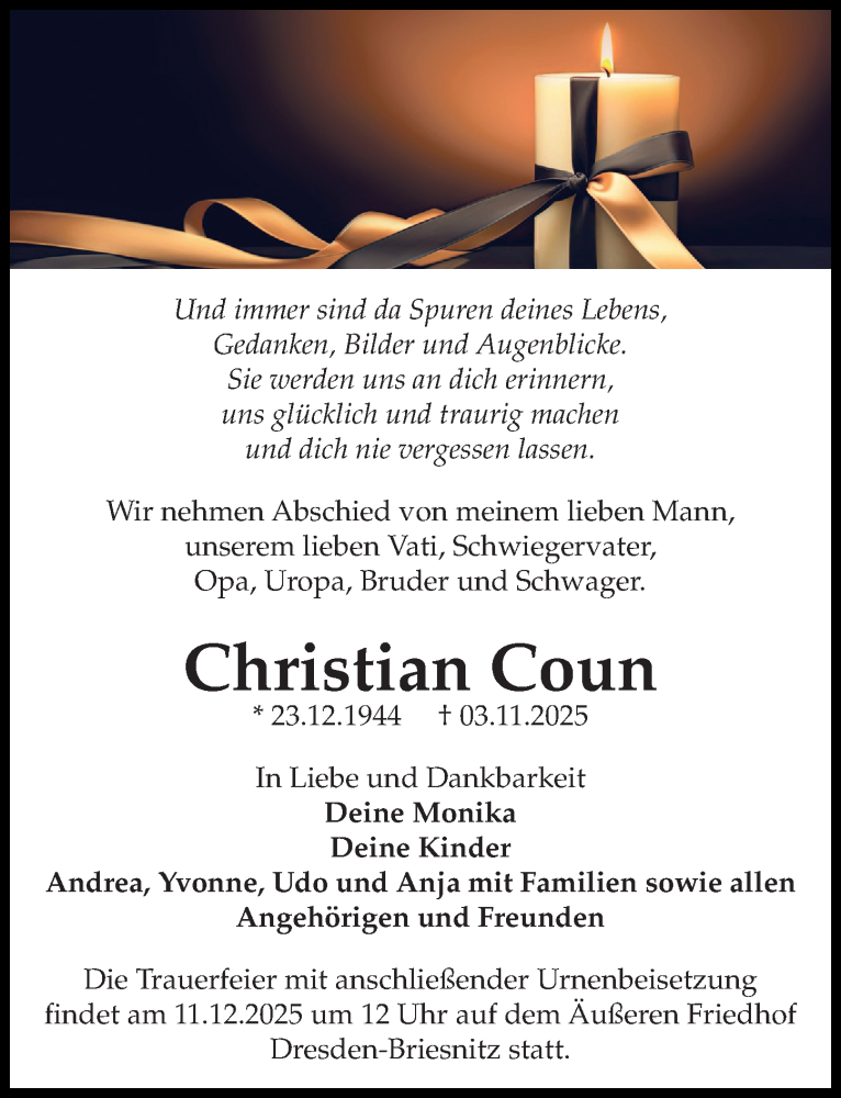  Traueranzeige für Christian Coun vom 22.11.2025 aus Sächsische Zeitung