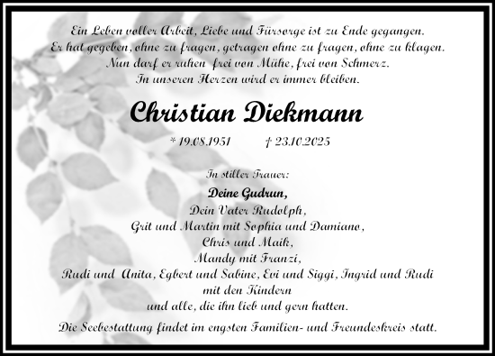 Traueranzeige von Christian Diekmann von Ostsee-Zeitung GmbH