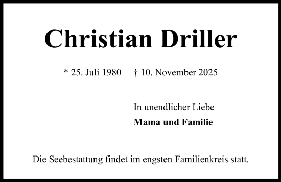 Traueranzeige von Christian Driller von Kieler Nachrichten