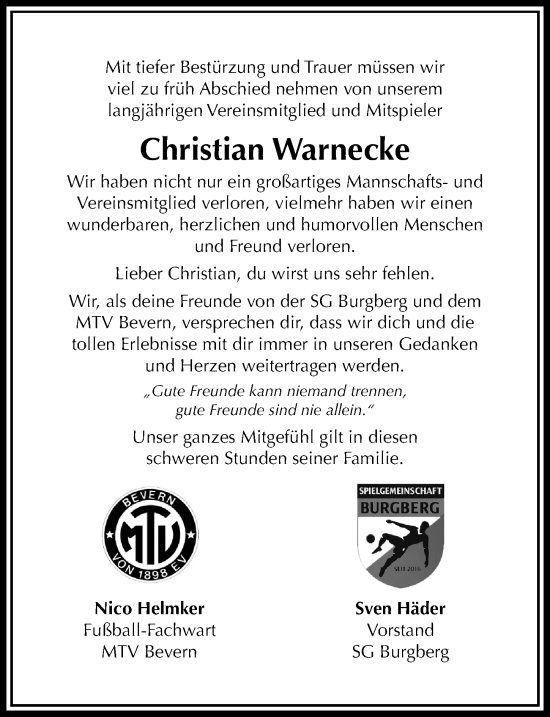 Traueranzeige von Christian Warnecke von Täglicher Anzeiger Holzminden