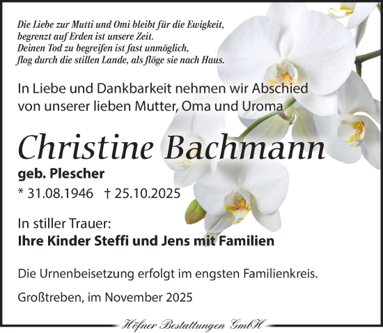 Traueranzeige von Christine Bachmann von Torgauer Zeitung