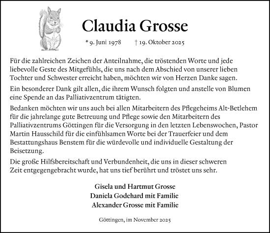 Traueranzeige von Claudia Grosse von Göttinger Tageblatt