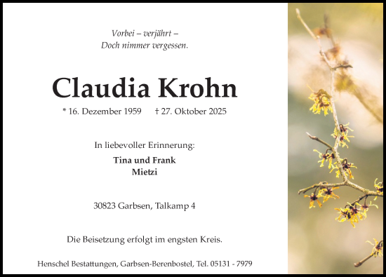 Traueranzeige von Claudia Krohn von Hannoversche Allgemeine Zeitung/Neue Presse