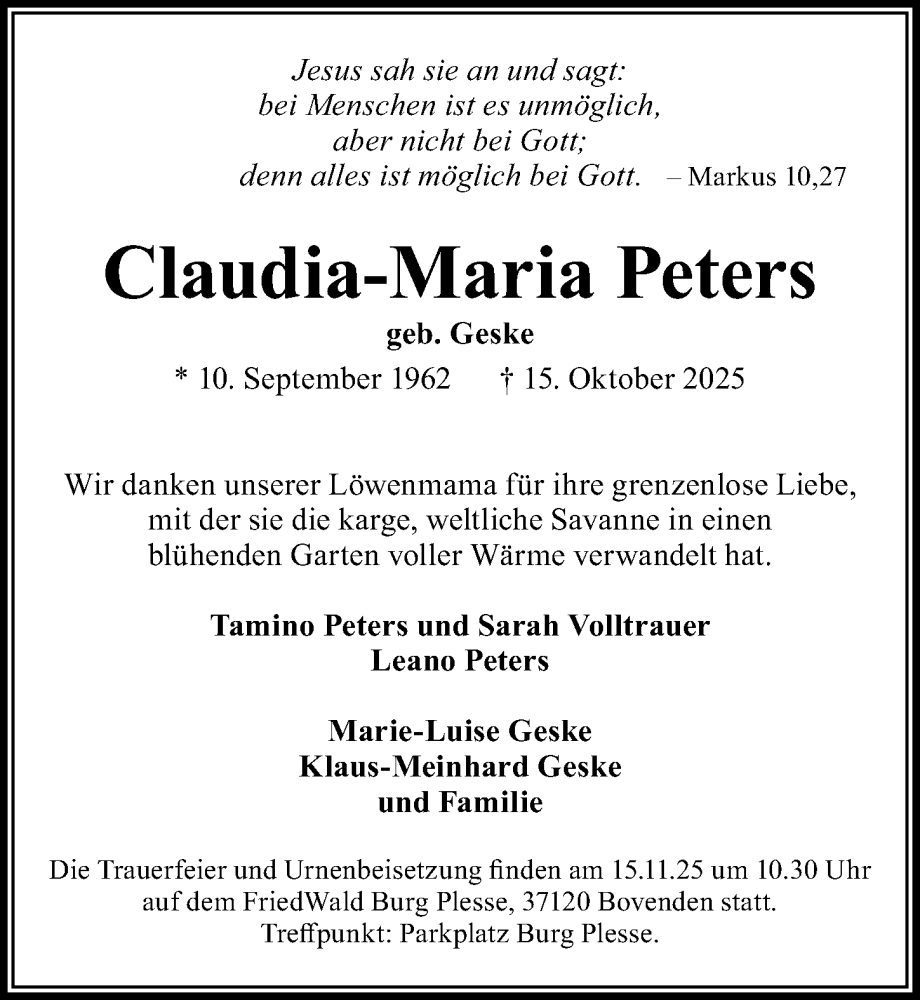  Traueranzeige für Claudia-Maria Peters vom 07.11.2025 aus Hannoversche Allgemeine Zeitung/Neue Presse