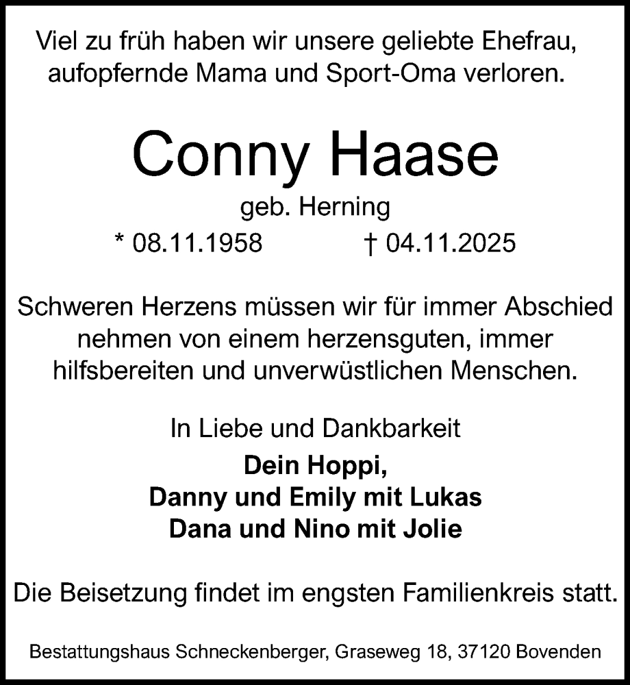  Traueranzeige für Conny Haase vom 15.11.2025 aus Göttinger Tageblatt