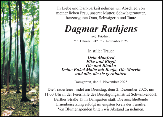 Traueranzeige von Dagmar Rathjens von Ostsee-Zeitung GmbH