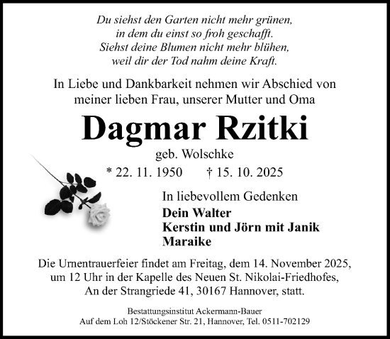 Traueranzeige von Dagmar Rzitki von Hannoversche Allgemeine Zeitung/Neue Presse