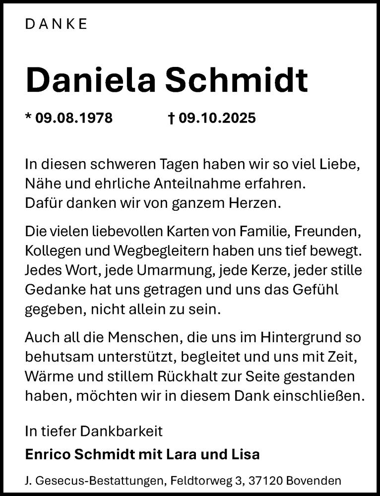  Traueranzeige für Daniela Schmidt vom 29.11.2025 aus Göttinger Tageblatt