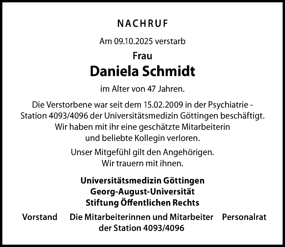  Traueranzeige für Daniela Schmidt vom 15.11.2025 aus Göttinger Tageblatt