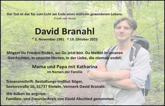 Traueranzeige von David Branahl von Schaumburger Nachrichten und Schaumburger Zeitung/ Landes-Zeitung