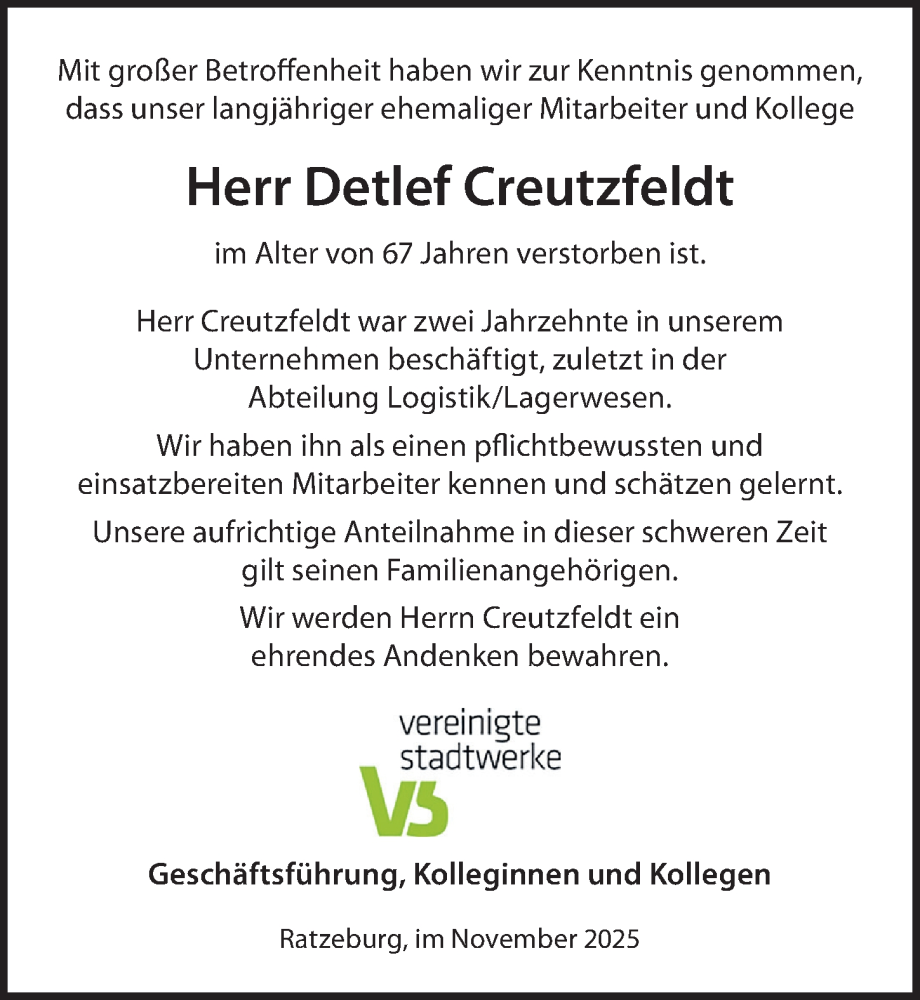  Traueranzeige für Detlef Creutzfeldt vom 16.11.2025 aus Lübecker Nachrichten