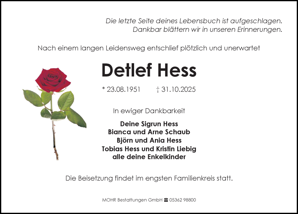  Traueranzeige für Detlef Hess vom 08.11.2025 aus Aller Zeitung