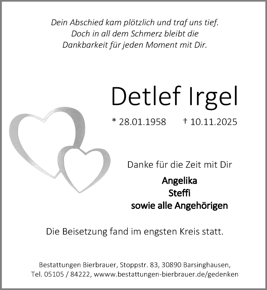  Traueranzeige für Detlef Irgel vom 29.11.2025 aus Hannoversche Allgemeine Zeitung/Neue Presse