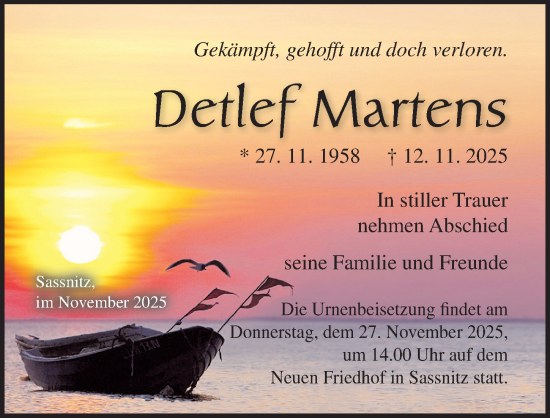 Traueranzeige von Detlef Martens von Ostsee-Zeitung GmbH