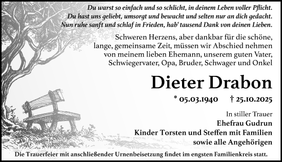 Traueranzeige von Dieter Drabon von Sächsische Zeitung