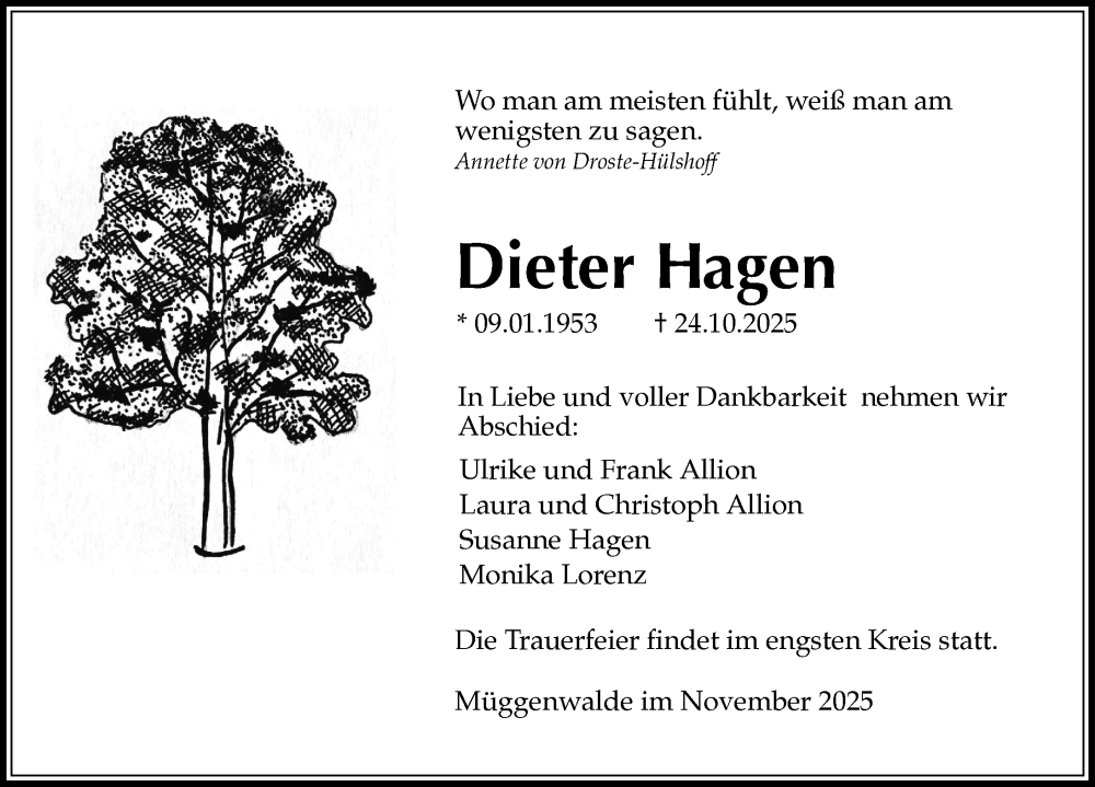  Traueranzeige für Dieter Hagen vom 08.11.2025 aus Ostsee-Zeitung GmbH
