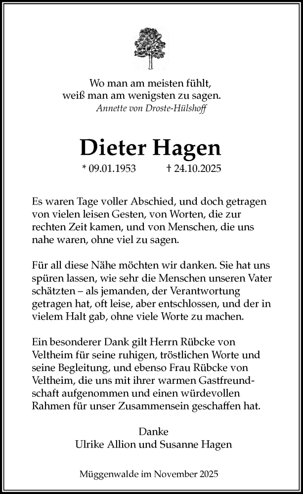  Traueranzeige für Dieter Hagen vom 29.11.2025 aus Ostsee-Zeitung GmbH