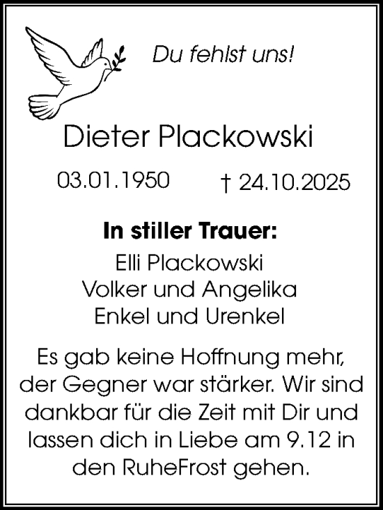 Traueranzeige von Dieter Plackowski von Die Harke