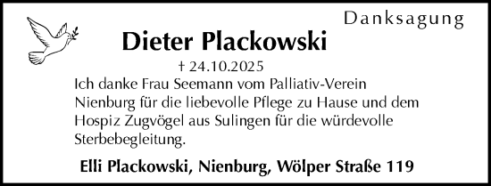 Traueranzeige von Dieter Plackowski von Die Harke