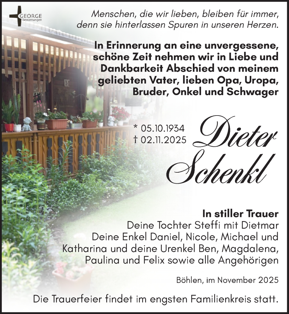  Traueranzeige für Dieter Schenk vom 29.11.2025 aus Leipziger Volkszeitung