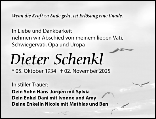 Traueranzeige von Dieter Schenkl von Leipziger Volkszeitung