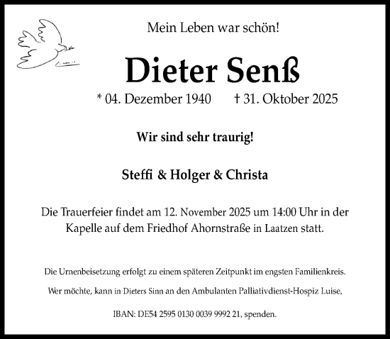Traueranzeige von Dieter Senß von Hannoversche Allgemeine Zeitung/Neue Presse