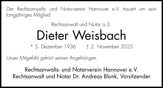 Traueranzeige von Dieter Weisbach von Hannoversche Allgemeine Zeitung/Neue Presse