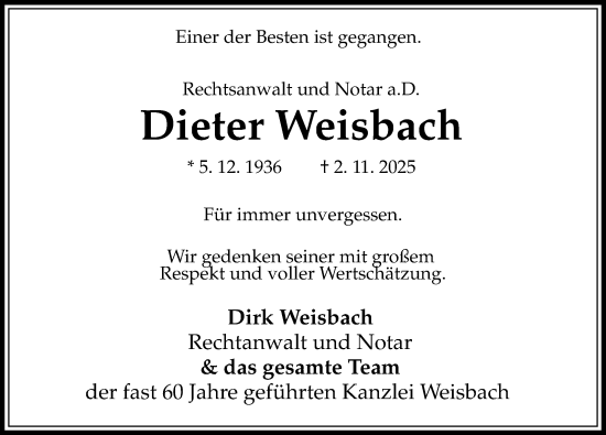 Traueranzeige von Dieter Weisbach von Hannoversche Allgemeine Zeitung/Neue Presse