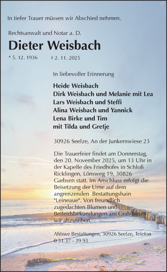 Traueranzeige von Dieter Weisbach von Hannoversche Allgemeine Zeitung/Neue Presse