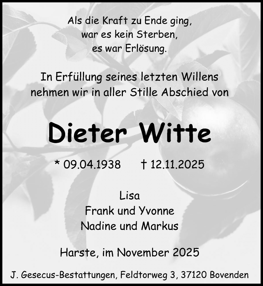  Traueranzeige für Dieter Witte vom 22.11.2025 aus Göttinger Tageblatt