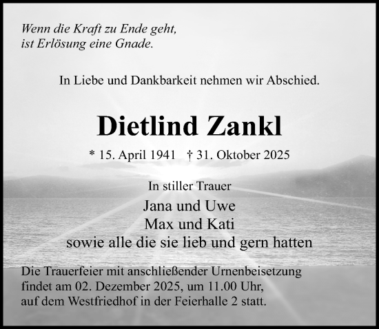 Traueranzeige von Dietlind Zankl von Ostsee-Zeitung GmbH