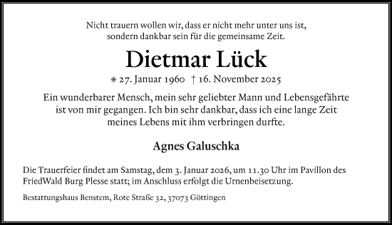 Traueranzeige von Dietmar Lück von Göttinger Tageblatt