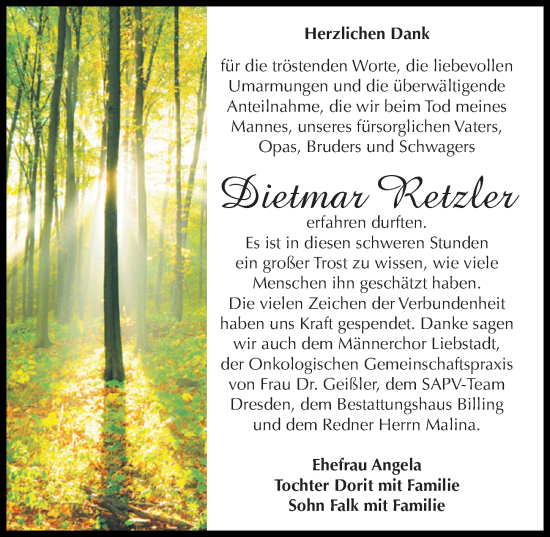 Traueranzeige von Dietmar Retzler von Sächsische Zeitung