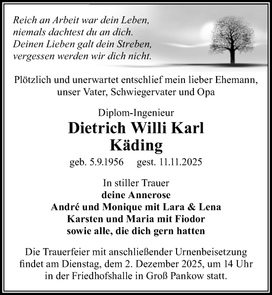 Traueranzeige von Dietrich Willi Karl Käding von Wochenspiegel