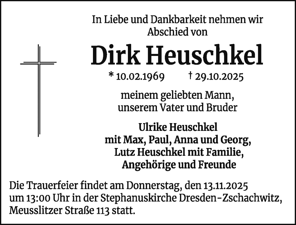  Traueranzeige für Dirk Heuschkel vom 08.11.2025 aus Sächsische Zeitung