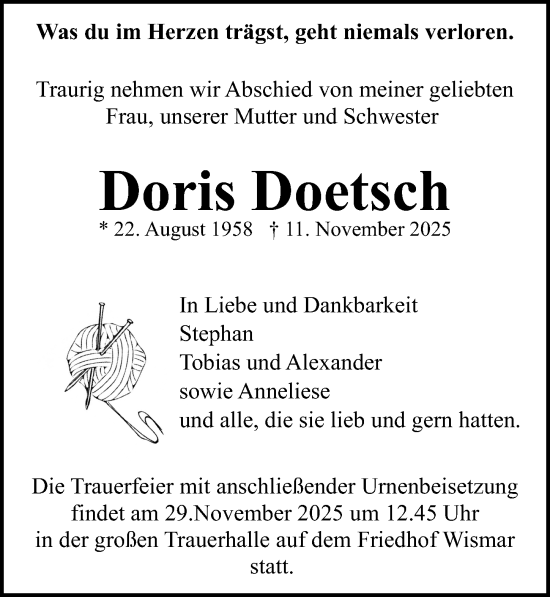 Traueranzeige von Doris Doetsch von Ostsee-Zeitung GmbH