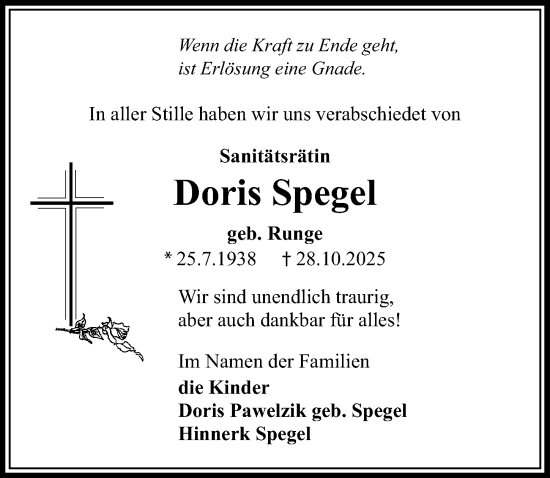 Traueranzeige von Doris Spegel von Wochenspiegel