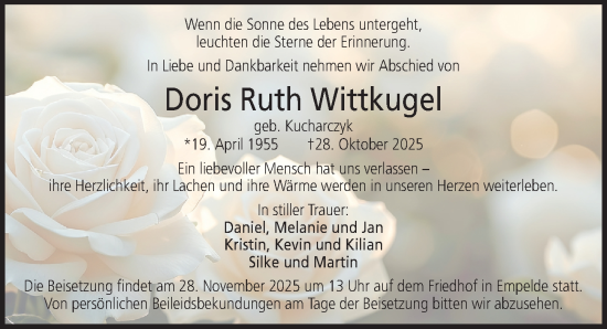 Traueranzeige von Doris Ruth Wittkugel von Hannoversche Allgemeine Zeitung/Neue Presse
