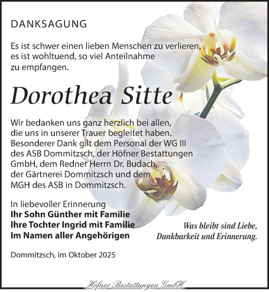 Traueranzeige von Dorothea Sitte von Torgauer Zeitung